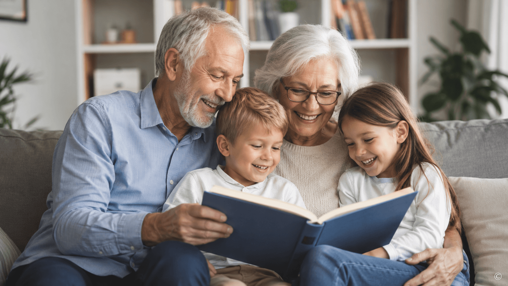 Großeltern mit Kindern besprechen Bestattungsvorsorge